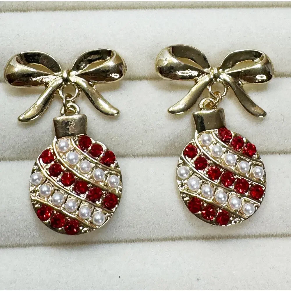 Christmas Ornament Bow Earrings Gold Tone Red Rhinestone Faux Pearl Posts 1.5